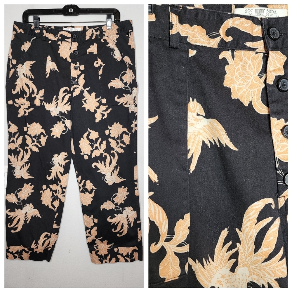 Black Floral-Print Cropped Pants